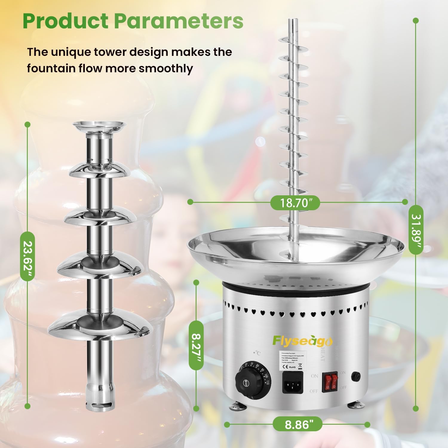 Commercial Chocolate Fountain 5 Tiers 13.2 Lbs Nacho Cheese Fountain Stainless Steel Hot Fondue Fountain Machine for Bakery, Party, Gathering, Wedding, Rental, Knob Control