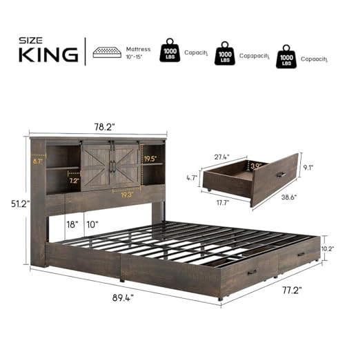 King Size Wood Platform Bed Frame with 51.2"" Bookcase Headboard, Storage Bed with Sliding Barn Door Charging Station 2 Drawers,Modern Style, xx-921