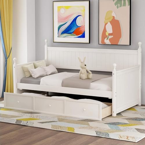 Twin Daybed with Storage Drawers Wood Day Bed Frame Compatible with Living Room Bedroom Dual-use Sofa Beds Compatible with Kids Guests Sleepovers, Twin Size, Gray,Bed Frame, jq-632