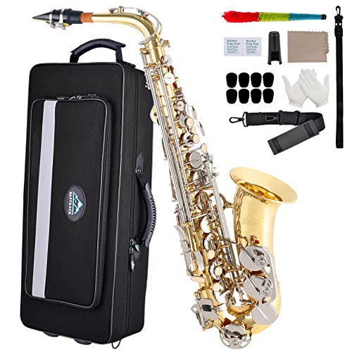 EASTROCK Black Nickel/Golden Alto Saxophone E Flat Sax Full Kit for Students Beginner with Carrying Case,Mouthpiece,Mouthpiece Cushion Pads,Cleaning Cloth&Cleaning Rod,White Gloves,Neck Strap