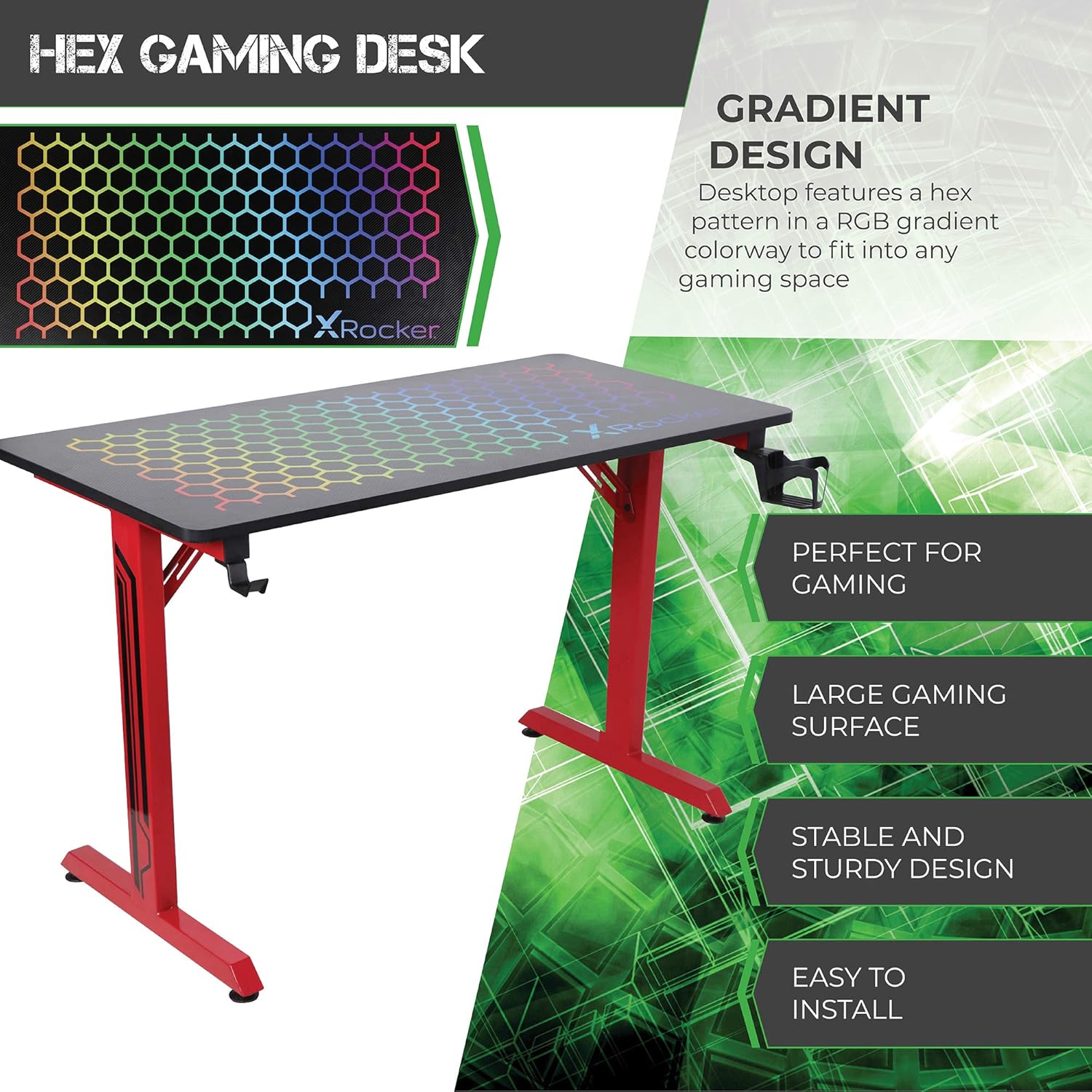 X Rocker Hex PC Modern Gaming Desk, 47.24" x 23.62" x 29.13", Black/Red
