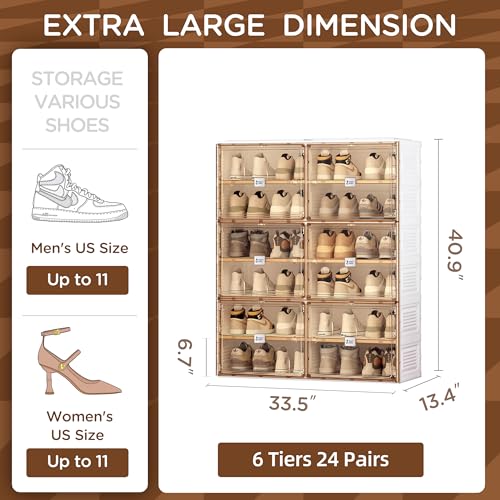 Portable Shoe Rack Organizer for Closet Entryway, Stackable Sneaker Storage Shoe Cabinet with Magnetic Clear Door, Large Plastic Storage containers Bins with Lids 7 Tiers 28 Pairs