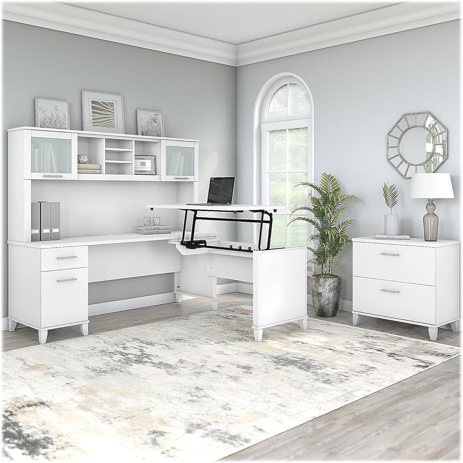 Bush Furniture Somerset 72W 3 Position Sit to Stand L Shaped Desk with Hutch and File Cabinet in White