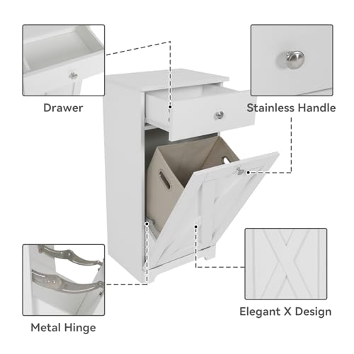 Puluomis Tilt Out Laundry Hamper Cabinet-Free Standing Kitchen Bathroom Laundry Cabinet-Wooden Bathroom Storage Cabinet with Drawer-White