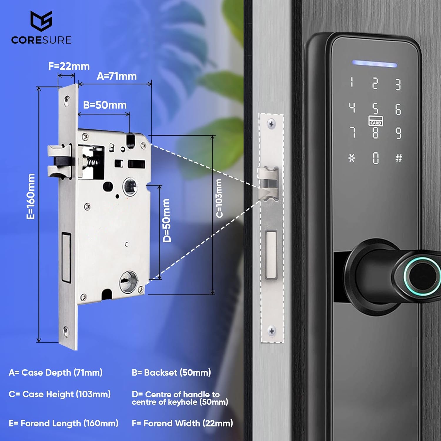 CoreSure Smart Keyless Entry Door Lock - Fingerprint Electronic Deadbolt Door Lock, Auto Locking, Smart Door Lock and Password Card - Compatible with Tuya Smart Home App for Remote Access