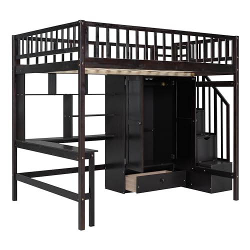 Full Size Loft Bed with Wardrobe Desk Storage Stairs, Wood Loft Bed Frame with Bookcase and Drawers, High Loft Bedframe for Kids Teens Adults, No Box Spring Needed, Espresso