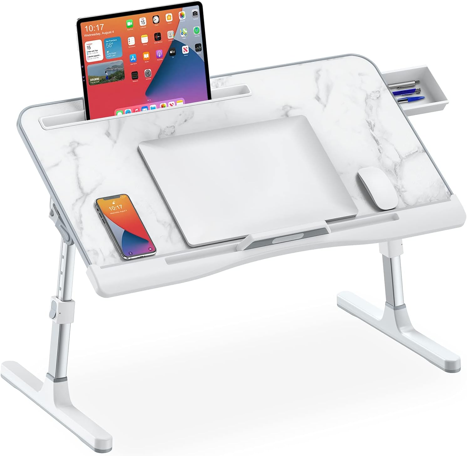 Bed Desk for Laptop, Adjustable Laptop Desk with Foldable Legs Storage Drawer Tablet Slot Removable Stopper, Portable Lap Desk for Writing Working Reading Eating (White Marble) Pack of 2