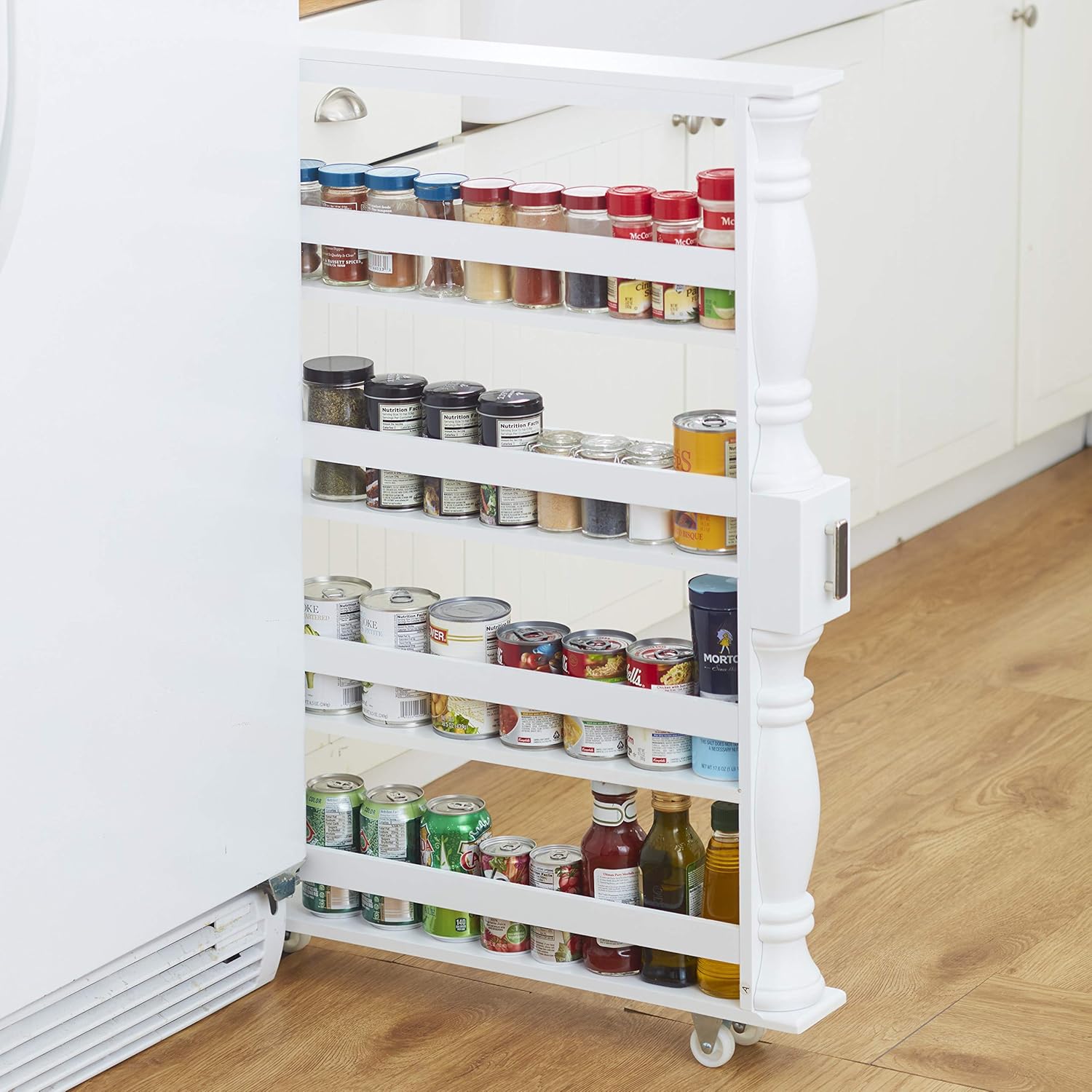Wooden Can Organizer & Spice Rack - Slim Rolling Kitchen Cart - Natural