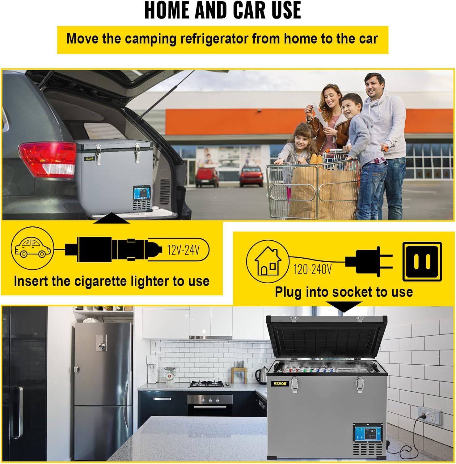 VEVOR Portable Refrigerator 48 Quart,12 Volt Refrigerator with Compressor,Metal Shell Chest Refrigerator,-4℉ to 68℉,DC 12/24V, AC 110-240V（Home & Car Use）