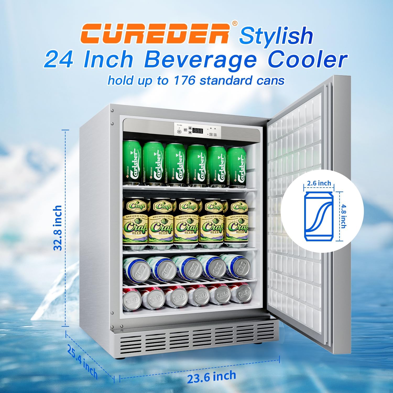 24 Inch Outdoor Refrigerator, Built-in Stainless Steel Beverage Beer Cooler Under Counter Fridge, Indoor/Outdoor Refrigerator with 3 Shelves for Patio Kitchen and Commercial Use