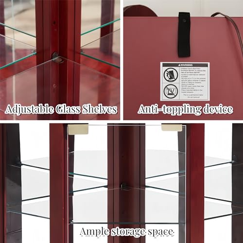 Henf 69.6" Lighted Corner Cabinet, Glass Display Curio Cabinet with Glass Doors, Adjustable Shelves and Mirrored Back Panel,Curved Wood Corner Curio Storage Rack with Bulb Included for Living Room