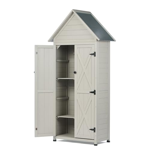 Outdoor Storage Shed with Floor & Adjustable Shelves, Wooden Garden Tool Cabinet Weatherproof, 71" Vertical Patio Organizer