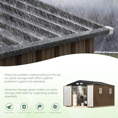 10X12X7.5 FT Outdoor Steel Storage Shed with Lockable Doors, 2 Windows, Transparent Roof Panels (Wood Panels & Frame Floor Not Included), Ideal for Patio Storage,Garbage Can, Chicken Coop，Brown