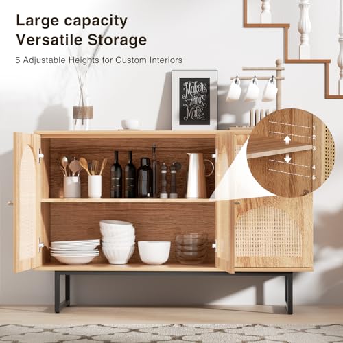 Storage Cabinet with 2 Arched Rattan Doors, Natural Style Rattan Sideboard Buffet Cabinet with Storage, Boho Entryway Table Console Credenza TV Stand for Living/Dining Room, Kitchen, Hallway