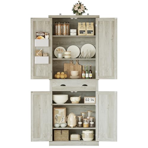 IRONCK Kitchen Pantry Storage Cabinet 72.6" H, with Barn Doors, Drawer, 4 Adjustable Shelves, Freestanding Cupboard for Dining Room Living Room, Laundry, White
