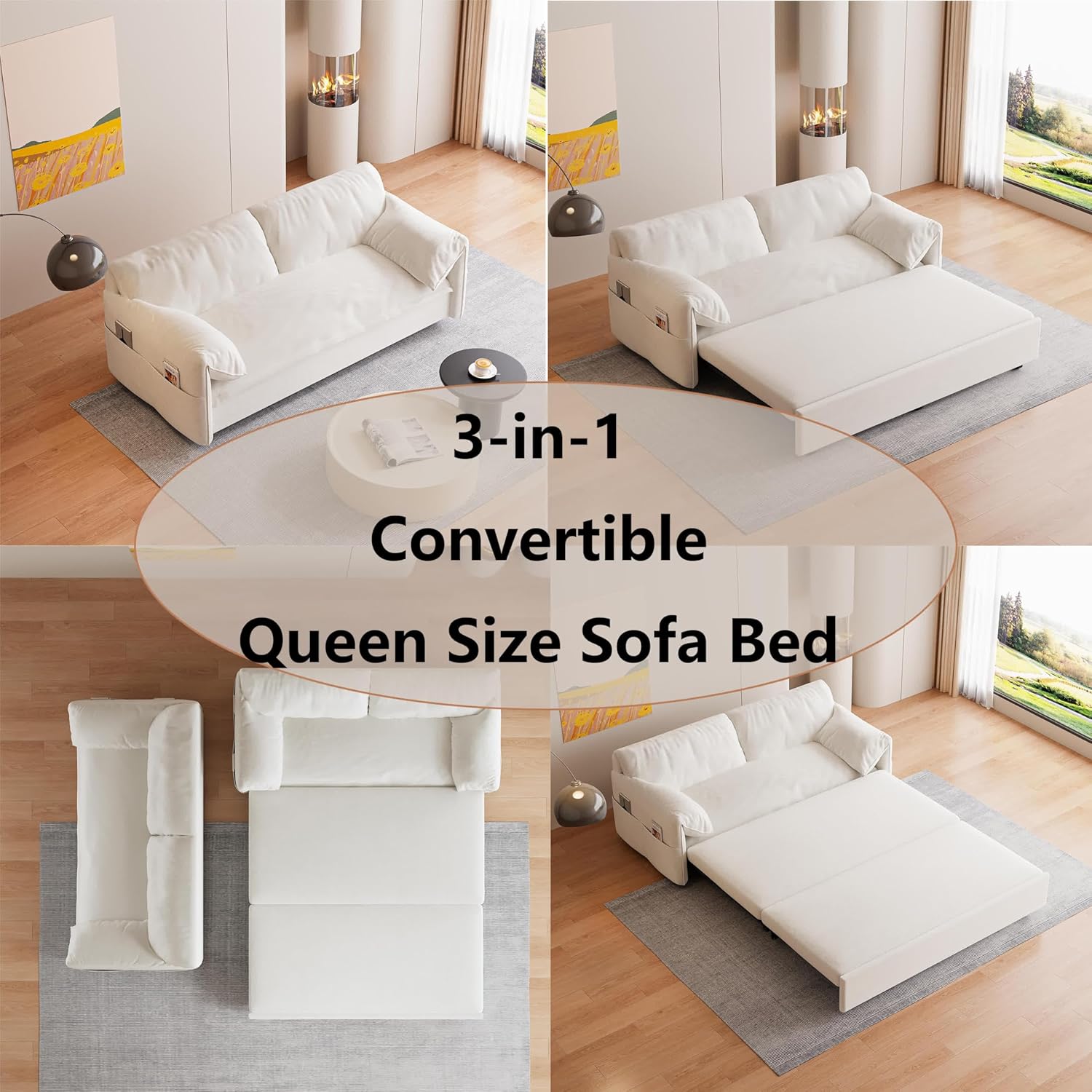 63.8" Futon Sofa Bed Queen Size, Pull Out Bed, 3-in-1 Convertible Sleeper Sofa with Side Pocket, Modern Velvet Futon Couch for Living Room, Small Space, Apartment, Bedroom, Beige