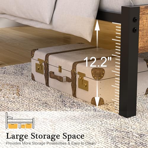 VECELO 2 Set Twin Bed Frame with Wood Storage Headboard & Footboard, Heavy Duty Metal Platform, Large Under Bed Storage, Noise-Free, No Box Spring Needed, Easy Assembly, Rustic Brown