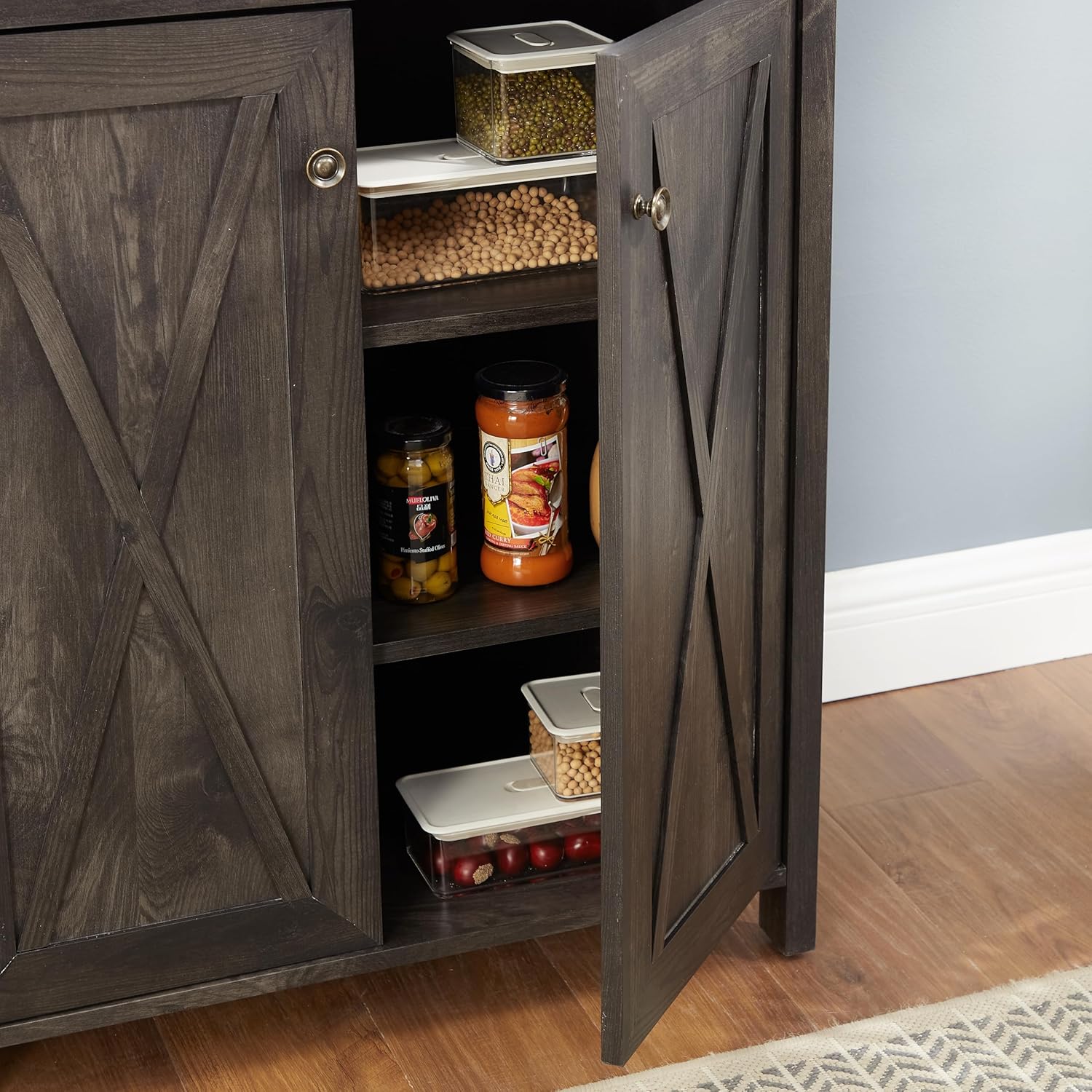 CHARMMA Coffee Bar Cabinet Kitchen Cabinet with Microwave Stand Metal Frame Side Home Source Bar Cabinet Cabinet and Hollow out Barn Design Wood Cabinet L26.77''*W15.75''*H67.32'' Charcoal Gray