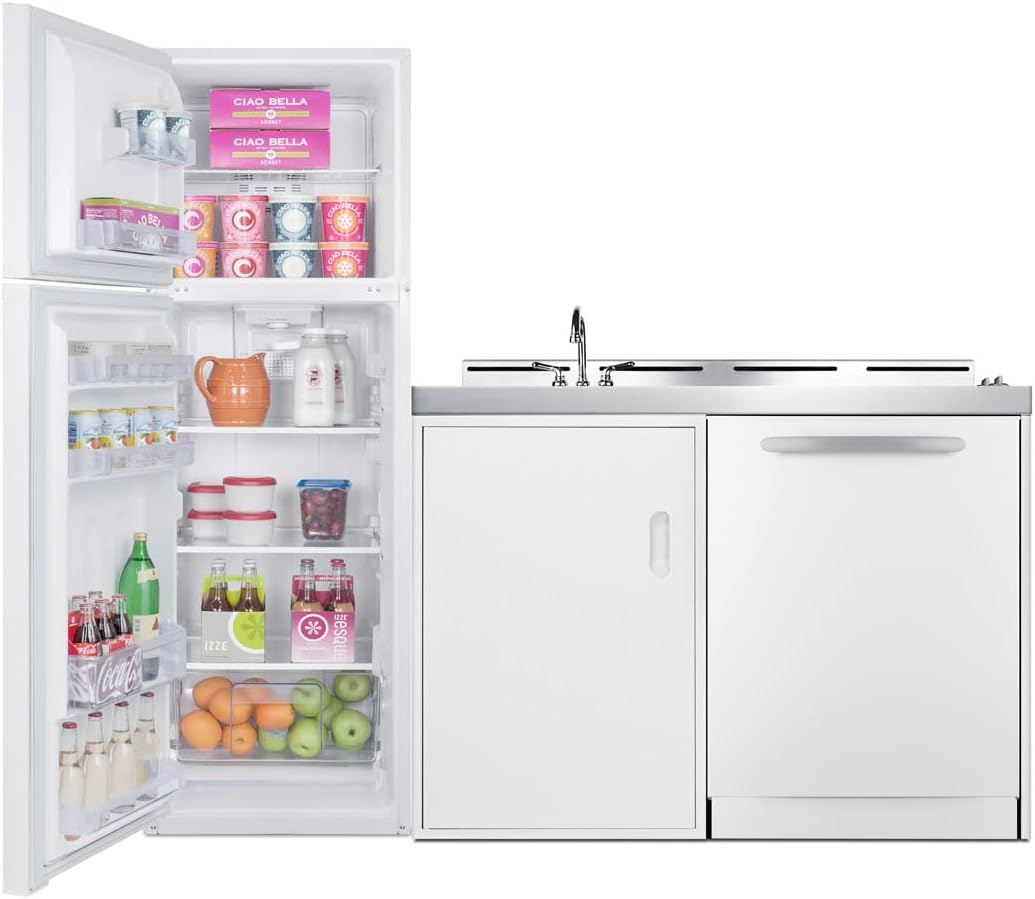 Summit Appliance ACKDW72 72" Wide All-in-one Kitchenette with Full-sized Frost-free Refrigerator-Freezer, 24" Dishwasher, Two Coil 115V Burners, Sink, and Storage Cabinet
