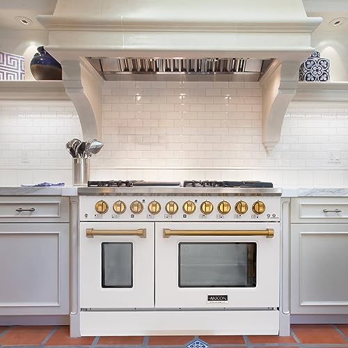 Akicon 48 Inch Freestanding Gas Range - 6.7 cu. ft. Double Rapid Convection Gas Oven with Blue Porcelain Interior - Gas Stove with 8 Sealed Burners & a Griddle, Heavy Duty Cast Iron Grates