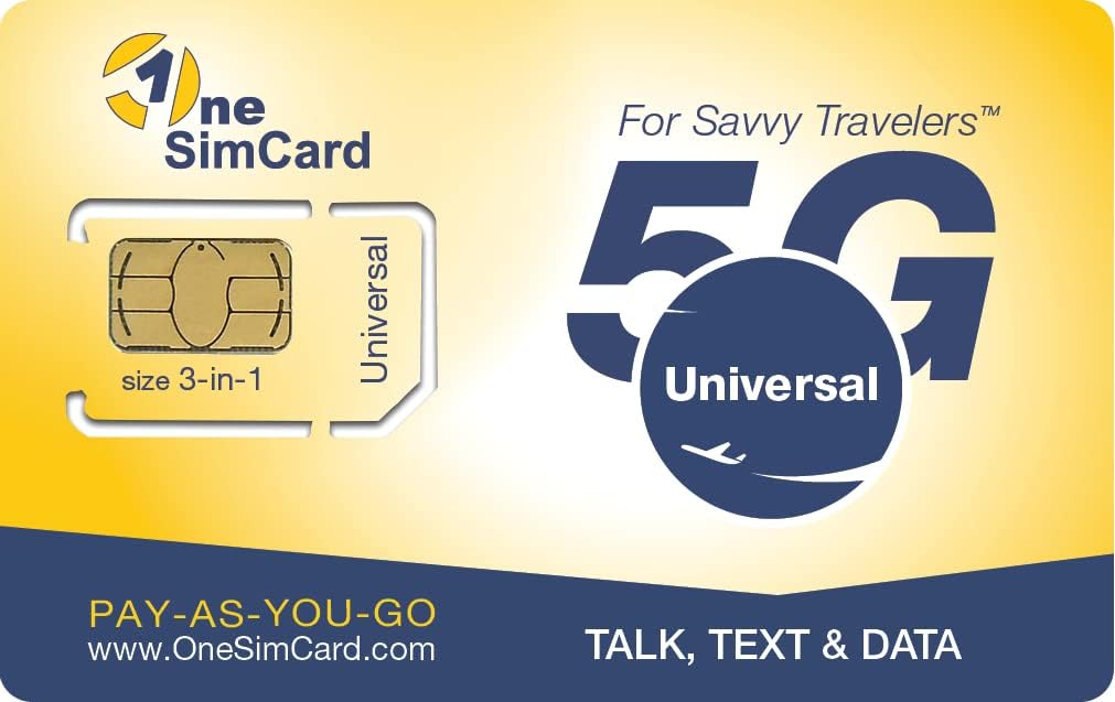 OneSimCard Universal 3-in-one SIM Card for use in Over 200 Countries with $5 Credit – Voice, Text and Mobile Data as Low as $0.01 per MB. Compatible with All Unlocked GSM Phones. 4G in 50+ Countries. Pack of 2
