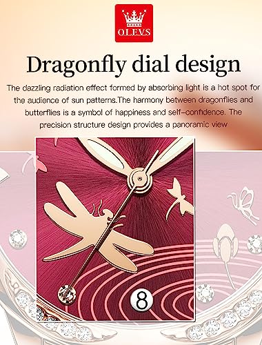 OLEVS Rose Gold Women's Watches, Ceramic Stainless Steel Band, Automatic Mechanical Watch, Waterproof Luminous Pointer Calendar, Diamonds Elegant Watches for Women, Red/Blue/White Dial [No Battery]