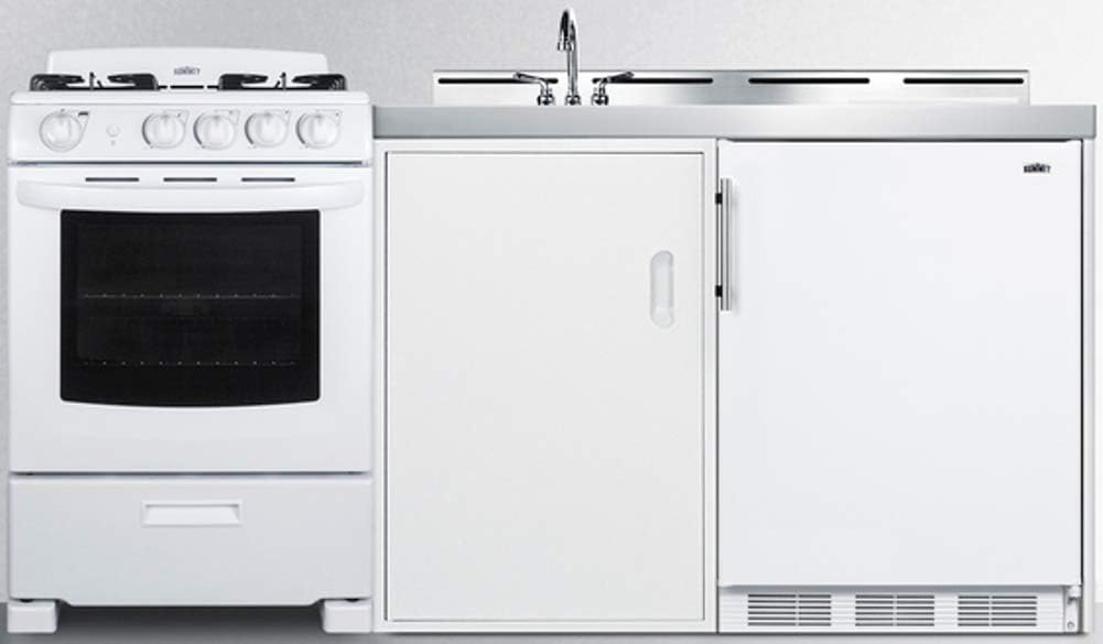 Summit Appliance ACK72GASW 72" Wide All-in-One Kitchenette with 115V 4-Burner Gas Range, Refrigerator-Freezer, Sink, Cutting Board and Cutlery Storage, and a Storage Cabinet