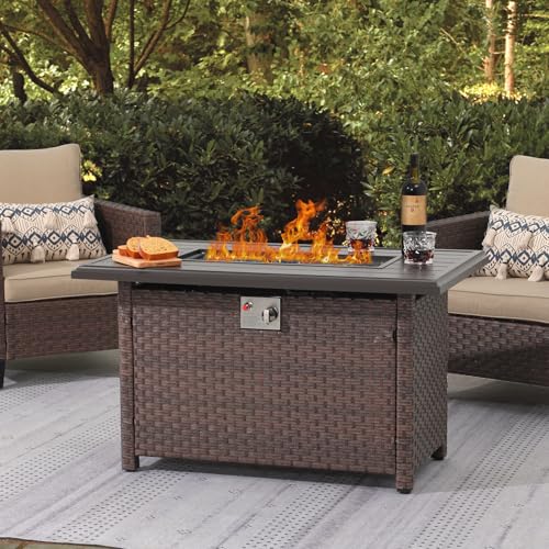 SUNSITT Outdoor Fire Pit Table 43 Inch Wicker Propane Fire Pit with Aluminum Tabletop 50,000 BTU Gas Firepit with Fire Glass, Lid, Cover, Taupe Rattan