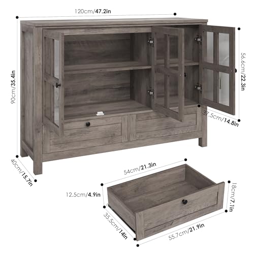 Keyluv Buffet Cabinet Wood/Glass Sideboard Storage Cabinet with 3 Doors and 2 Drawers, 47.2 inches Kitchen Buffet Table for Dining Room, Living Room, Entryway, Rustic