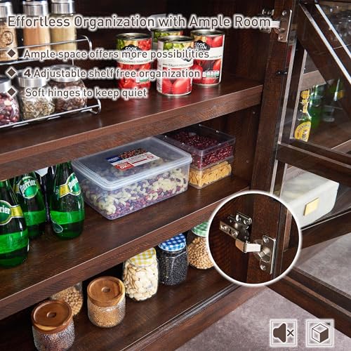 Farmhouse Buffet Cabinet with Storage, 70" Wood Rustic Sideboard Buffet Cabinet w/4 Glass Barn Doors & Adjustable Shelf, Coffee Bar Cabinet for Kitchen, Dining Room, Living Room (Dark Grey)