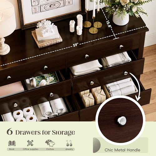 JUMMICO Dresser for Bedroom, 6 Wood Dresser Drawers, Wide Chest of Drawers, Storage Tower Unit, Modern Design for Bedroom, Living Room, Hallway, Entryway (Dark Brown)