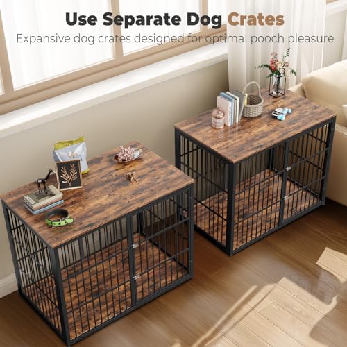 94.48'' Dog Crate Furniture Large Breed TV Stand with Double Rooms for 2 Dogs,Wooden Dog Kennel Dog Crate End Table with Removable Divider for Large Medium Dogs, Can Use Separately