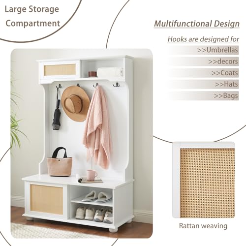 64" 3-in-1 Hall Tree Entryway Four Hooks Rattan Door Shelves Shoe Storage Bench Cabinets with Solid Feet for Hallway Living Room