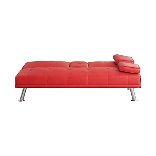 Convertible Folding Futon Sofa Bed - Faux Leather Upholstered Loveseat with Removable Armrests, Metal Legs, Cup Holders - Ideal for Living Room,Red