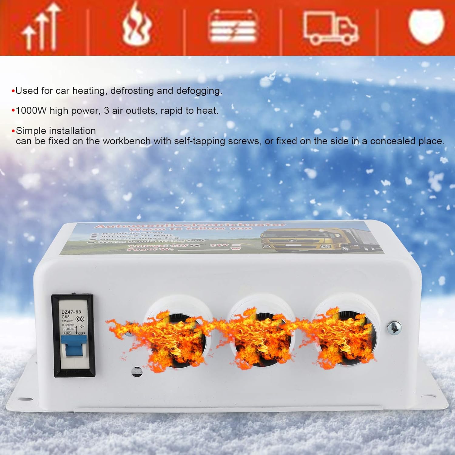 Car Heater,1000W 12V Car Heater Winter Rapid Heating Warmer Portable Windsn Defroster 3 Air Outlet