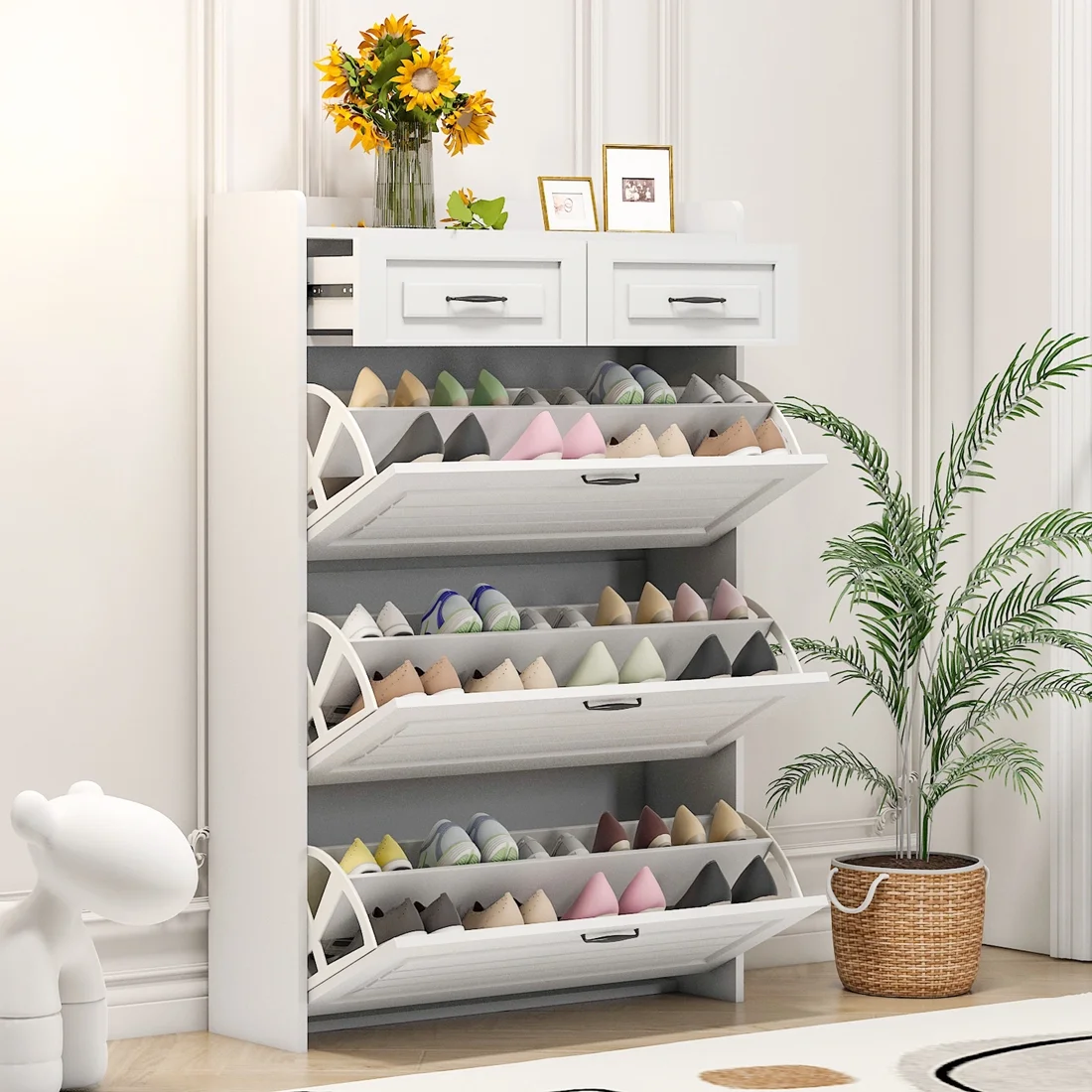 Yone jx je Shoe Cabinet for Entryway, White Narrow Shoe Storage Organizer with 3 Doors 2 Drawers,Flip Down Shoe Rack Wood 4 Tier Shoe Storage Cabinet for Hallway, Living Room,Home and Apartment