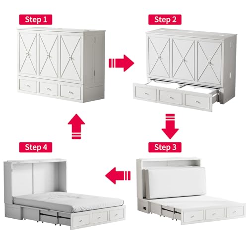 MUZZ Murphy Bed Queen with Foldable Mattress,Modern Cabinet Bed with Storage Drawer & USB Charging Station, Solid Wood Cube Cabinet Bed for Bedroom,Guest Room(Grey)