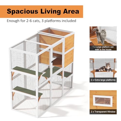 Catio Outdoor Cat Enclosure, Large Cat House for Mulitiple Cats Walk in Cat Cage with Waterproof Cover and Sunshine Panel Roof, Feral Cat Shelter with 7 Platforms and 2 Resting Box, 72 inch