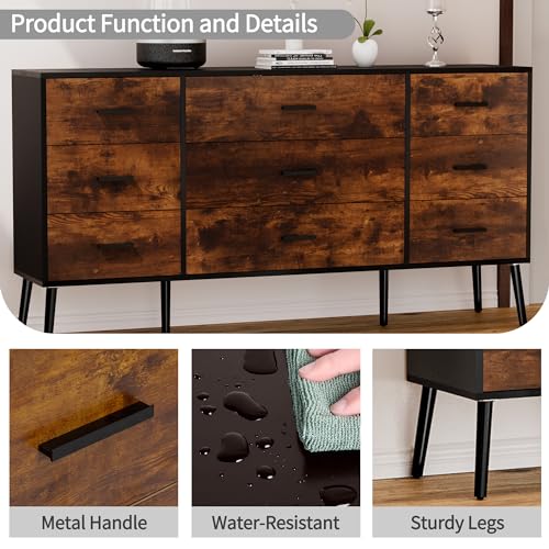 Scurrty 9 Drawer Dresser for Bedroom, White Dresser,Antique Storage Dresser with Wide Drawers, White Handles and Wooden Feet for Bedroom, Living Room&Hallway