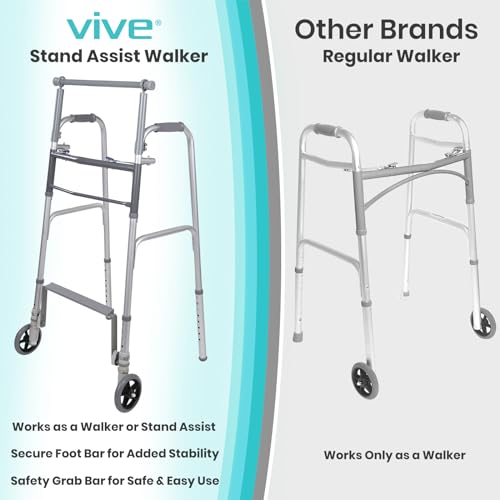 Vive Sit to Stand Walker - Rolling Stand Assist Walker for Seniors & Adults - Lightweight, Folding, Front 5" Wheels - Standing Roller for Elderly, Handicap - Collapsible for Transports