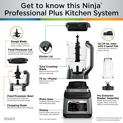 Ninja BN751 Professional Plus DUO Blender, 1400 Peak Watts, 3 Auto-IQ Programs for Smoothies, Frozen Drinks & Nutrient Extractions, 72-oz. Total Crushing Pitcher & (2) 24 oz. To-Go Cups, Black