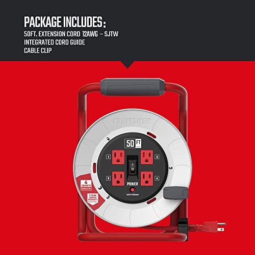 CRAFTSMAN 100 Ft. Contractor Retractable Extension Cord Reel With 4 Outlets & Heavy Duty 12AWG SJTW Cable