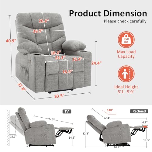 MCombo Power Lift Recliner Chair with Extended Footrest for Elderly People, Fabric 7287 (Navy Blue, Medium)