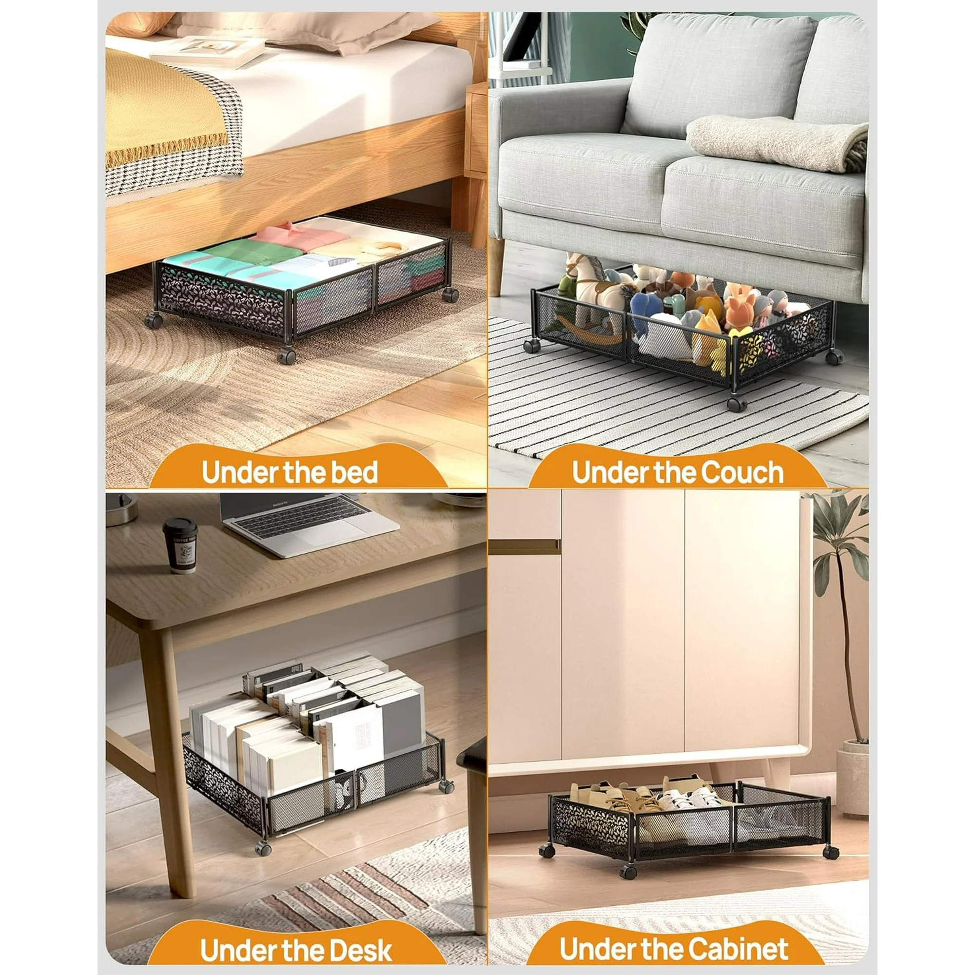 Under Bed Storage with Wheels, 2 Pack Foldable Metal Under Bed Storage Containers, 60L Rolling Underbed Storage, Easy Assembly Under The Bed Storage for Bedroom Clothes Shoes Blankets