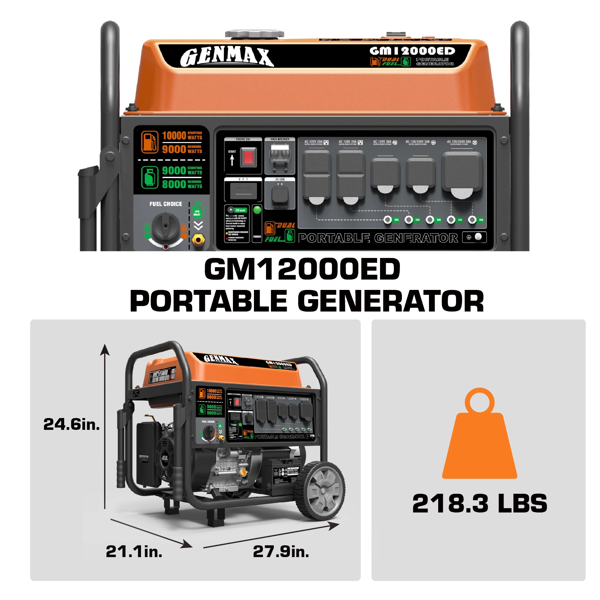 GENMAX Dual Fuel Portable Generator 12000 Watt Gas or Propane Powered Electric Start-CO Alert, Home Back Up, EPA Compliant