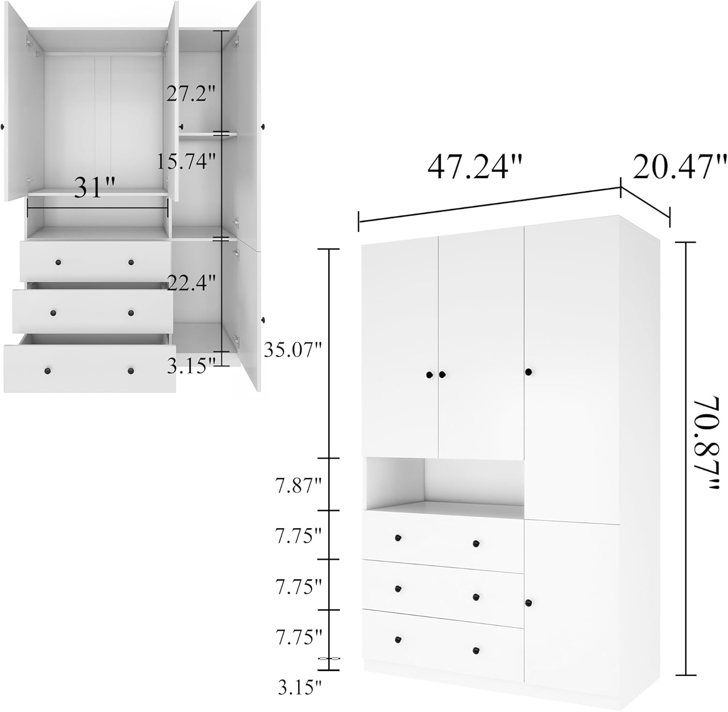 70.87" 3-Door Armoire Wardrobe Closet Cabinet, Wood 3 Drawers White Closet Cabinet for Large Capacity, Tall Cabinet Closet with Hanging Rod and 3 Storage for 47.24" W x 20.47"D x 70.87"H