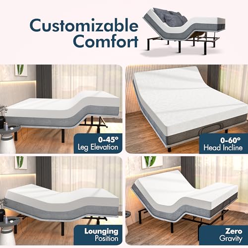 SF Adjustable Bed Frame with Mattress Included Massage - Queen Adjustable Bed + Firm Mattress - Cooling Gel Memory Foam Mattress, USB, Under Bed Light
