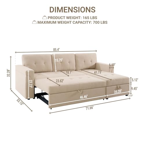 Naomi Home Jenny Sectional Sofa Sleeper with Storage Chaise, Tufted Pull Out Couch with Storage, L-Shaped Reversible Sleeper Sofa with Storage, Black,Air Leather