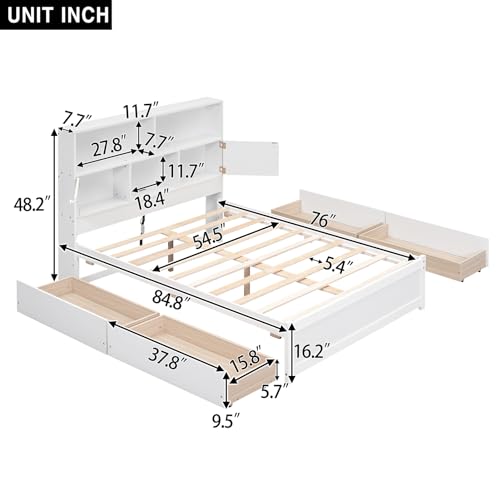 Bellemave Captain beds with Storage, Full Size Storage Bed with 4 Drawers and Storage headboard, Full Size Bed with Bookcase and USB, Full Bed for Kids, Boys, Girls, Teens Adults, White