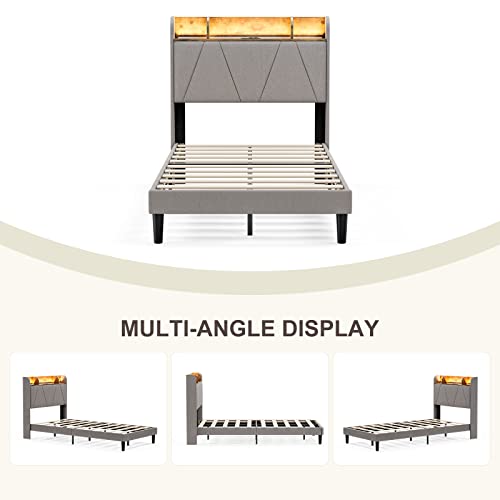 IKIFLY King Bed Frame with Charging Station & Storage Shelf Headboard - 2 Outlets and 2 USB Ports（1 Type C）- Upholstered LED Bed Frame with Solid Wood Slats, No Box Spring Needed - Light Brown